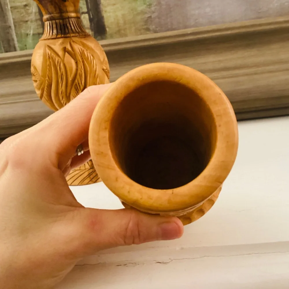 Handcrafted Carved Wooden Vase Pencil Holder Gift Set Of 2 Office Décor Vintage